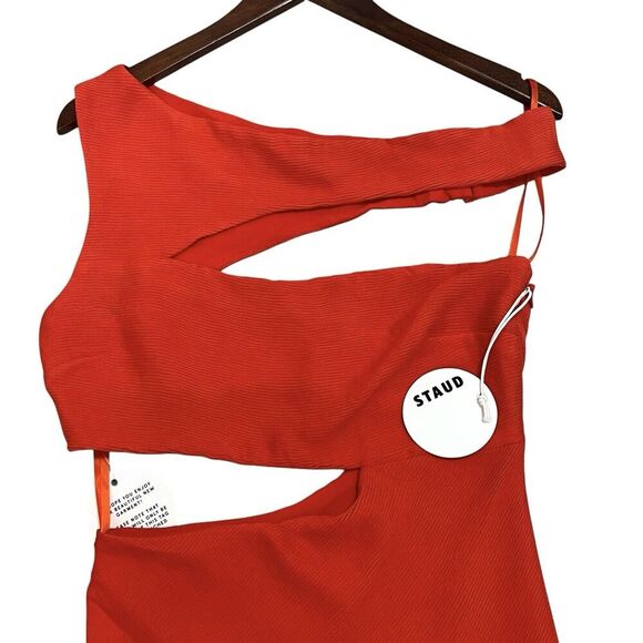STAUD Prismatic Dress with cut-out Side Slit Off Shoulder Papaya Orange Size 6 - Picture 6 of 14